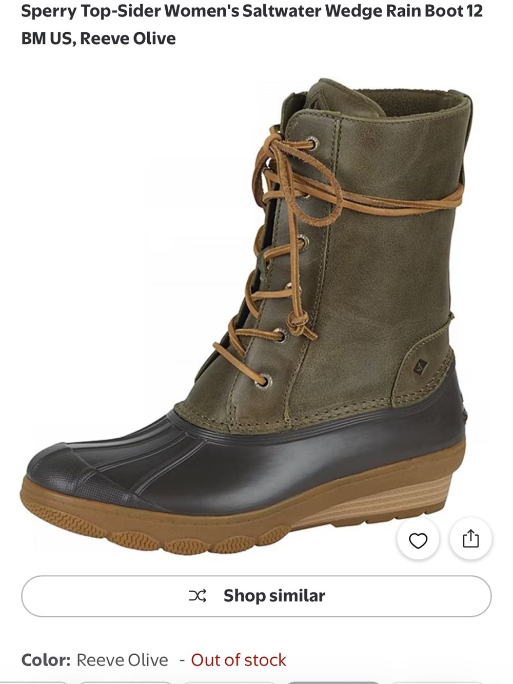 Sperry Top-Sider Women's Saltwater Wedge Rain Boot 7.5 BM US, Reeve Olive